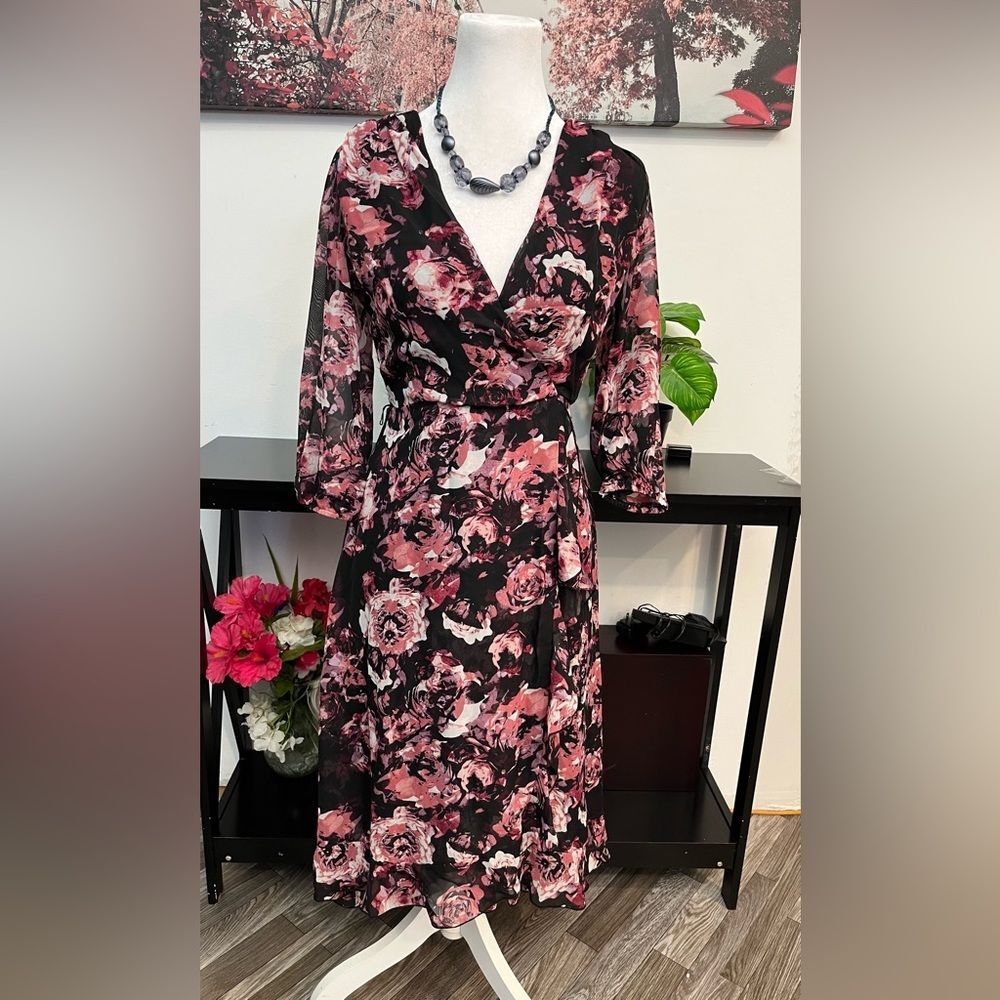 Ryan Michelle Women's Floral Chiffon Midi Fit & Flare Dress Size S 3/4 sleeve